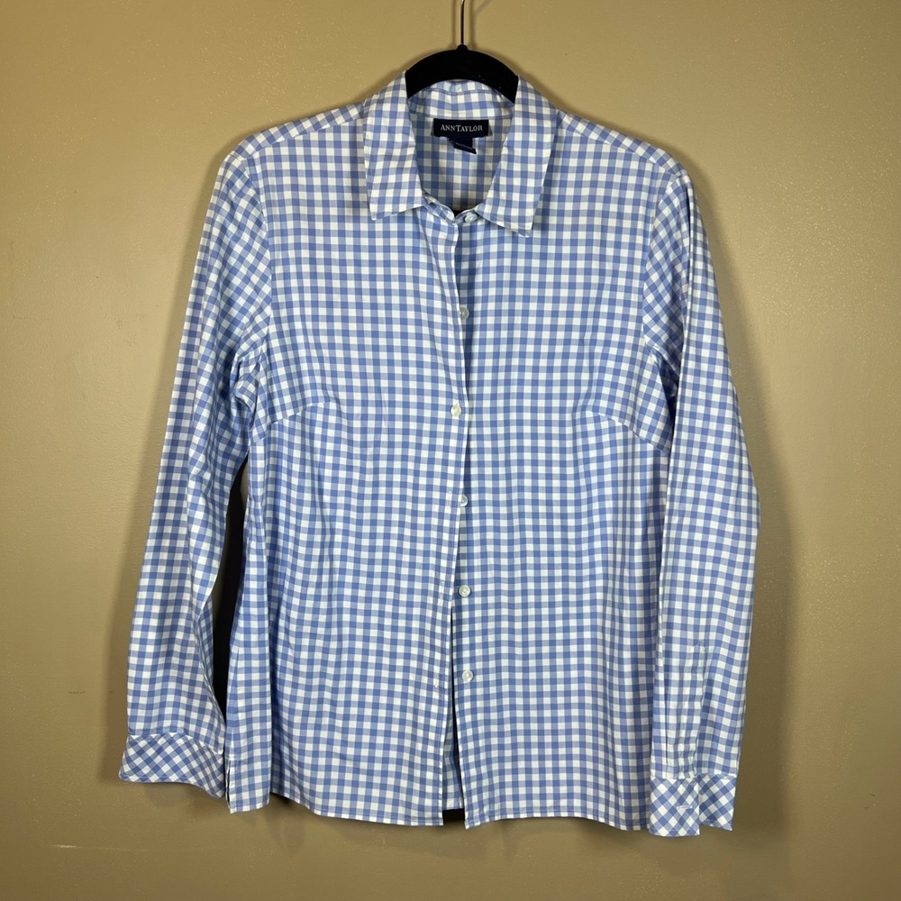 Ann Taylor‎ Blue Gingham Check Button Down Shirt 100% Cotton Womens Medium